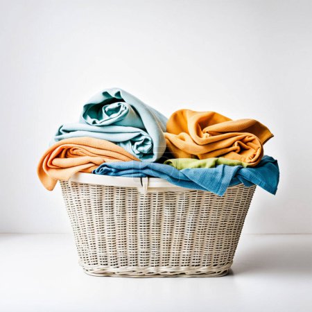 Téléchargez les photos : Une image capturant un panier débordant dédié à la lessive, symbolisant une tâche ménagère commune, sur fond blanc - en image libre de droit