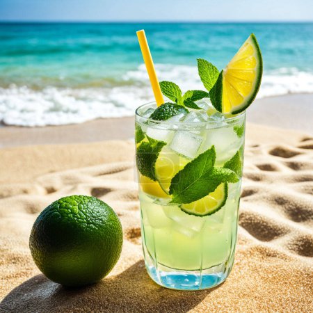 Tropical Mojito on the Beach with Sparkling Sea Backdrop
