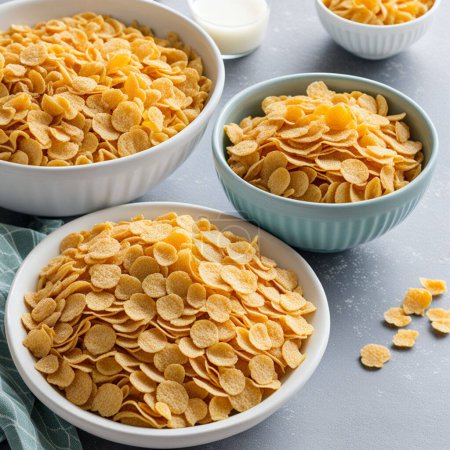 A bowl filled with corn flakes sits next to another bowl of petite flakes, ready for breakfast. The ground corn kernels offer a crunchy texture when paired with milk, making a classic morning meal.