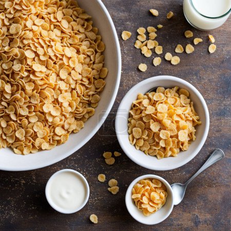 A bowl filled with corn flakes sits next to another bowl of petite flakes, ready for breakfast. The ground corn kernels offer a crunchy texture when paired with milk, making a classic morning meal.