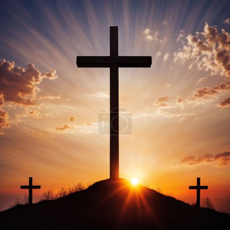 Sunrise Service: Cross and Rising Sun. Concept Cérémonie religieuse, Célébration de Pâques, Expérience spirituelle, Feu et symbolisme