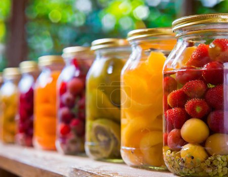 Téléchargez les photos : Une rangée de pots en verre remplis d'un assortiment de fruits en conserve - en image libre de droit