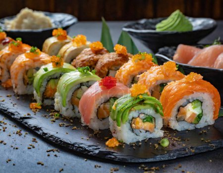 A tantalizing spread of colorful sushi rolls arranged on a sleek black platter