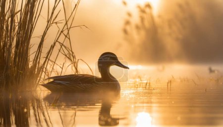 ein nebliger morgendlicher Sonnenaufgang, der eine Ente zeigt, die gemächlich zwischen Schilf auf einem Teich schwimmt