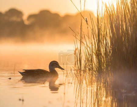 a misty morning sunrise, showcasing a duck leisurely swimming among reeds on a pond
