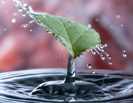 A leaf with water splashing up close