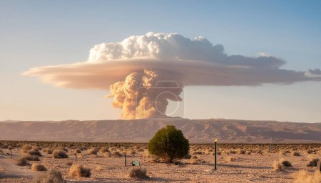 Eine riesige Pilzwolke steigt über einer kargen Wüstenregion auf