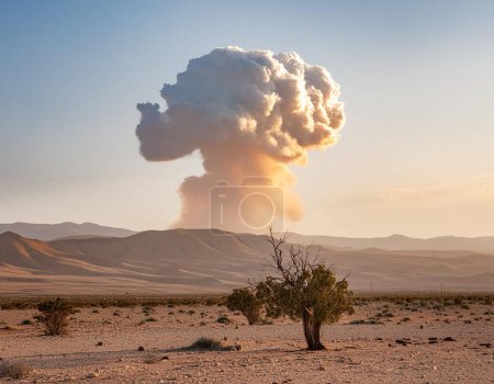 A vast mushroom cloud rises above a barren desert region