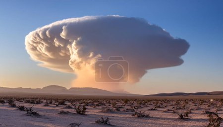 A vast mushroom cloud rises above a barren desert region