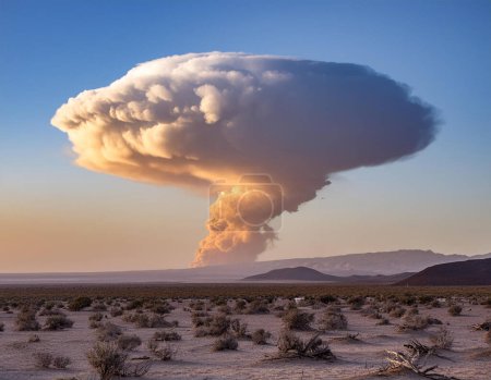 Eine riesige Pilzwolke steigt über einer kargen Wüstenregion auf