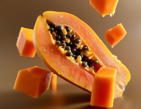 Téléchargez les photos : Représentation abstraite de pièces de papaye coupées et flottantes librement, en utilisant l'espace négatif - en image libre de droit