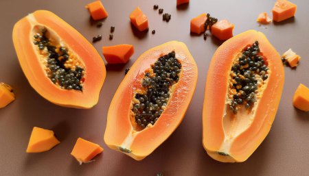 Abstract representation of papaya pieces cut and floating freely, utilizing negative space