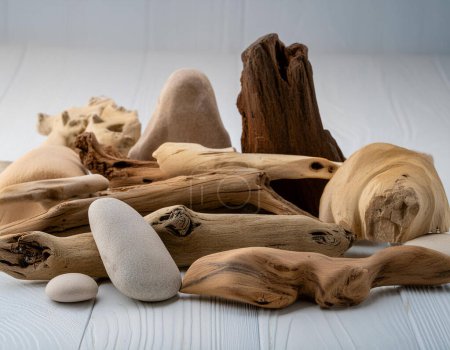 A collection of various shaped and sized driftwood pieces isolated on a white background