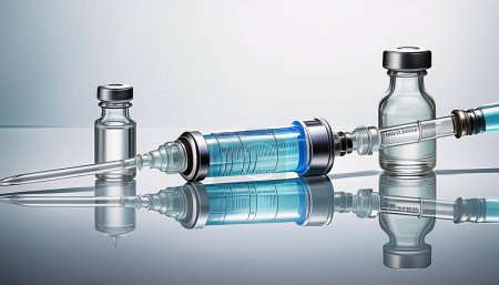 Photo for A medical syringe aligned with a transparent vial on a white background, symbolizing vaccina - Royalty Free Image