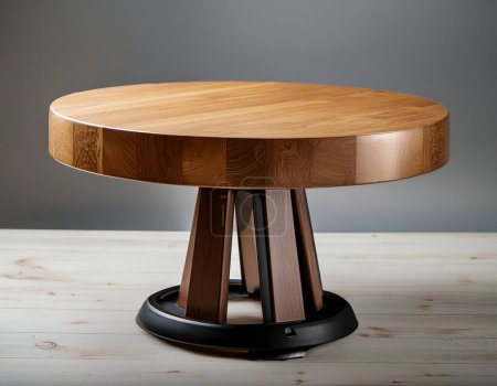 A round wooden table featuring a smooth finish and sturdy base, isolated on a white backdrop