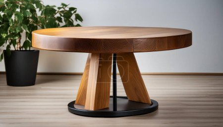 Téléchargez les photos : Une table ronde en bois au fini lisse et à la base robuste, isolée sur fond blanc - en image libre de droit
