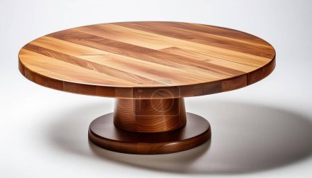 Ein runder Holztisch mit glatter Oberfläche und stabilem Fuß, isoliert auf weißem Hintergrund
