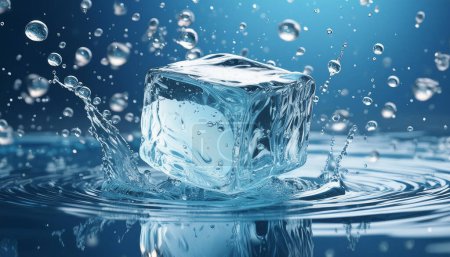 Photo for A single ice cube surrounded by splashes of water and bubbles, conveying freshness - Royalty Free Image