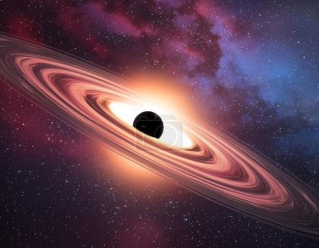 Foto de Una ilustración llamativa de un agujero negro con disco de acreción girando contra un vibrante - Imagen libre de derechos