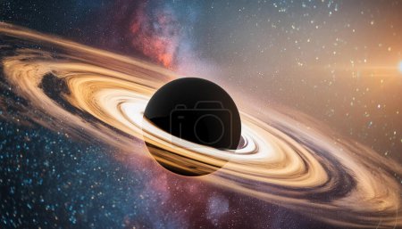 A striking illustration of a black hole with swirling accretion disk set against a vibrant