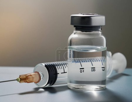 Une seringue médicale transparente à côté d'un flacon de vaccin en verre symbolisant les soins de santé