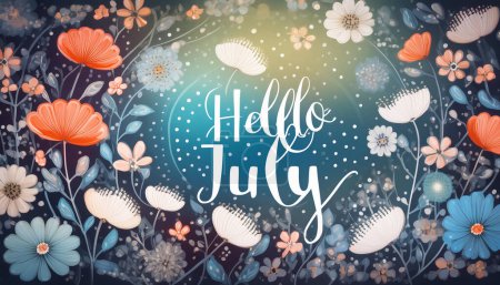 Abstract background with flowers frame around. Hello July - modern calligraphy lettering.