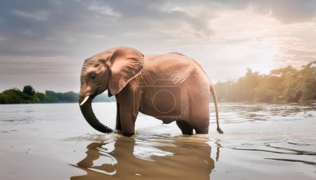 rising sea levels and climate catastrophes frail elephant moves through high water and flood