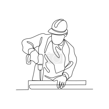 Téléchargez les photos : Un dessin en ligne continu d'un travailleur de chantier est le forage dans le bois dans l'illustration vectorielle du projet de construction. Illustration d'activité du chantier de construction concept vectoriel linéaire simple. - en image libre de droit