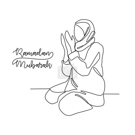 Téléchargez les photos : Un dessin continu d'une femme musulmane lit le Coran et prie dans la mosquée pendant l'illustration vectorielle du Ramadhan. Illustration de l'activité Ramadhan Moubarak dans un concept vectoriel linéaire simple. - en image libre de droit
