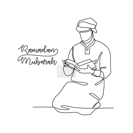 Téléchargez les photos : Un dessin linéaire continu d'un musulman lisait le Coran et priait dans la mosquée pendant l'illustration vectorielle du Ramadhan. Illustration de l'activité Ramadhan Moubarak dans un concept vectoriel linéaire simple - en image libre de droit