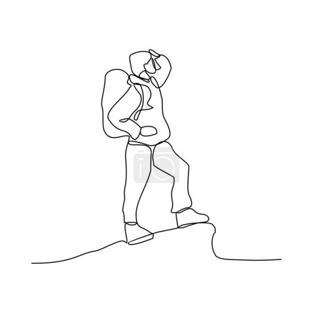 Téléchargez les photos : Un dessin continu d'un homme gravit une montagne portant un sac de transport sur son illustration vectorielle arrière. Illustration d'activités de randonnée et d'escalade dans un concept vectoriel de style linéaire simple. - en image libre de droit