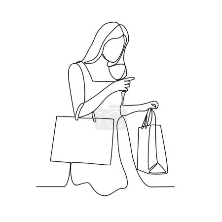 Téléchargez les photos : Un dessin en ligne continu d'une femme fait du shopping et transporte des sacs de ses achats dans l'illustration vectorielle du magasin. illustration de l'activité shopping femme dans un concept vectoriel de style linéaire simple - en image libre de droit