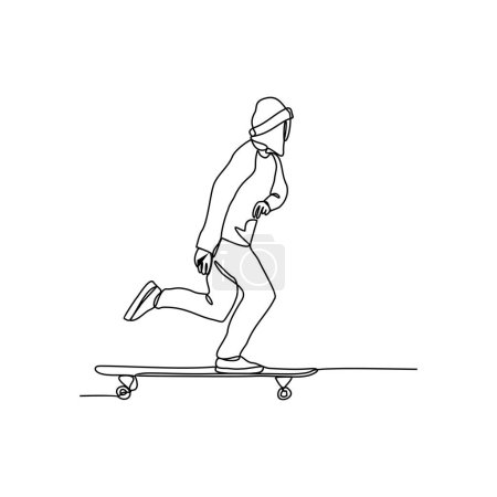 Téléchargez les photos : Un dessin linéaire continu d'un peuple jouant au skateboard à l'illustration vectorielle de l'arène du skate park. Illustration d'activité de sport de planche à roulettes en ligne continue de concept vectoriel de style linéaire simple - en image libre de droit