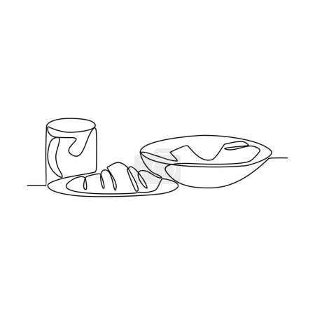 Téléchargez les photos : Un dessin en ligne continu de la nourriture pour le dîner est disponible sur la table dans l'illustration vectorielle restaurant. Conception vectorielle avec concept linéaire noir minimaliste. Thèmes alimentaires pour votre actif commercial - en image libre de droit