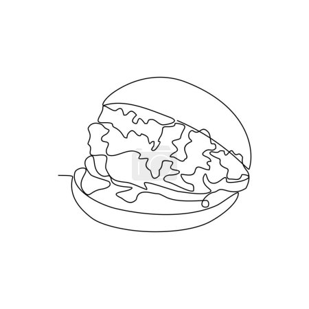 Téléchargez les photos : Un dessin en ligne continue de hamburger sur la table dans l'illustration vectorielle du restaurant. Conception vectorielle avec concept linéaire noir minimaliste. Conception de thèmes alimentaires pour la conception de vos actifs commerciaux - en image libre de droit
