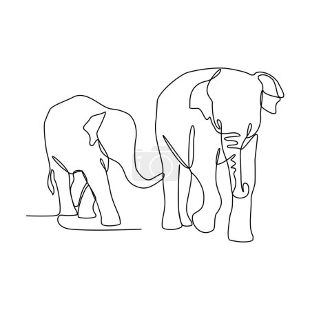 Téléchargez les photos : TitreUn dessin en ligne continu d'éléphants dans la vaste savane est à la recherche d'illustrations vectorielles alimentaires. Illustration de conception d'activité animale concept vectoriel de style linéaire simple. Animaux Faune design . - en image libre de droit