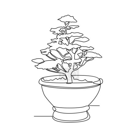Téléchargez les photos : Un dessin en ligne continue d'une très belle plante de bonsaï devant l'illustration vectorielle de la maison. Bonsaiplant illustration de conception concept vectoriel de style linéaire simple. illustration de conception végétale - en image libre de droit