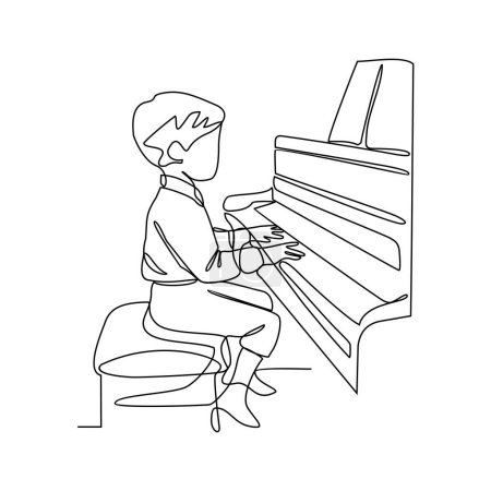 Téléchargez les photos : Un dessin linéaire continu d'un enfant joue du piano dans l'illustration vectorielle de sa maison. Illustration de conception d'activités musicales concept vectoriel de style linéaire simple. Jouer illustration de conception de piano - en image libre de droit