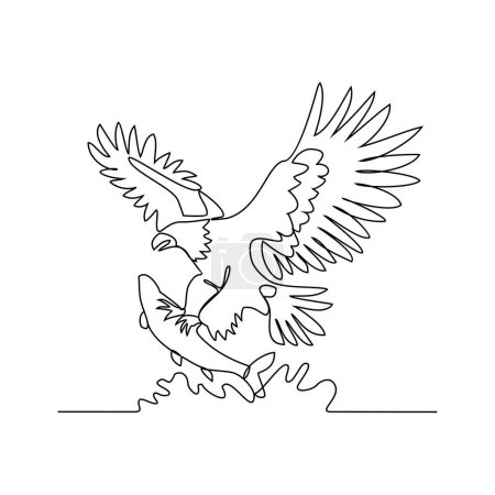 Eine durchgehende Linienzeichnung eines Adlers macht Jagd auf Fische in der Seevektor-Illustration. Wild Animal Illustration einfaches lineares Vektorkonzept. Wildtier-Vektoraktivität für Asset Design