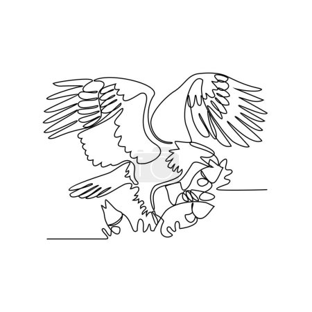 Un dibujo en línea continua de un águila se aprovecha de los peces en la ilustración de vectores marinos. animal salvaje ilustración concepto de vector de estilo lineal simple. actividad vectorial animal silvestre para el diseño de activos