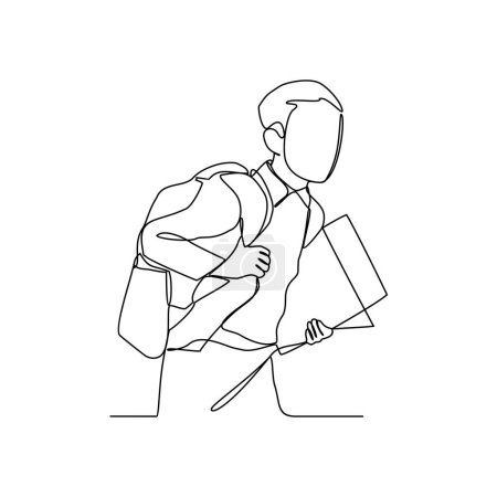 One continuous line drawing of a child is going to school with enthusiasm vector illustration. Children activity illustration simple linear style vector concept. Education design for your asset.