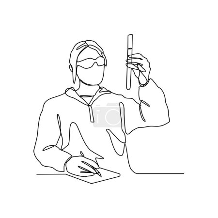 Illustration for One continuous line drawing of the a man holding a test tube in one hand - Royalty Free Image