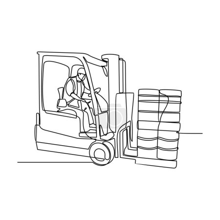 Téléchargez les illustrations : Un dessin en ligne continue de l'homme travaillant sur chariot élévateur - en licence libre de droit