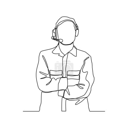Téléchargez les illustrations : Un dessin en ligne continue d'un homme portant un casque debout avec les bras croisés - en licence libre de droit