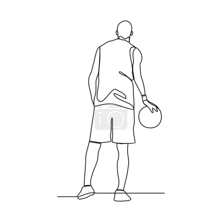 Téléchargez les photos : Un dessin linéaire continu de l'illustration vectorielle du joueur de basket-ball. le joueur demande dribbler la balle, en passant la balle, et en tirant sur le cerceau. Concept de design sportif illustration vectorielle - en image libre de droit
