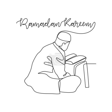 Una línea continua de dibujo del hombre musulmán se lee la ilustración vectorial del Corán. Oración musulmana durante el Ramadán en el diseño de la mezquita en el concepto de vector de estilo lineal simple. Adecuado para su diseño de activos.