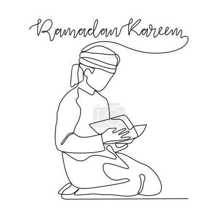 Una línea continua de dibujo del hombre musulmán se lee la ilustración vectorial del Corán. Oración musulmana durante el Ramadán en el diseño de la mezquita en el concepto de vector de estilo lineal simple. Adecuado para su diseño de activos.