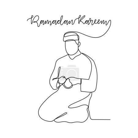 One continuous line drawing of Moslem man is read Qur'an vector illustration. Moslem praying during Ramadan in mosque design in simple linear style vector concept. Suitable for your asset design.