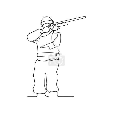 One continuous line drawing of a hunter is hunting animals in the forest with a rifle vector illustration. Hunting animal in forest activity illustration in simple linear style vector design concept.