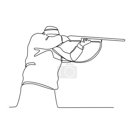 Eine durchgehende Linienzeichnung eines Jägers ist die Jagd auf Tiere im Wald mit einer Gewehrvektordarstellung. Darstellung der Jagd auf Tiere im Wald im einfachen linearen Stil Vektor-Designkonzept.